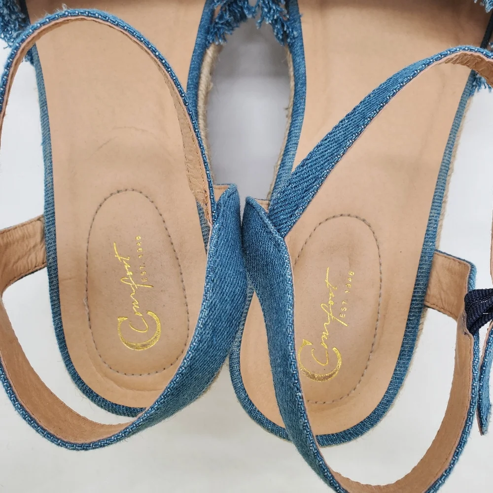 C Comfort Frayed Denim Espadrille Block Heel Platform Sandals Size 11